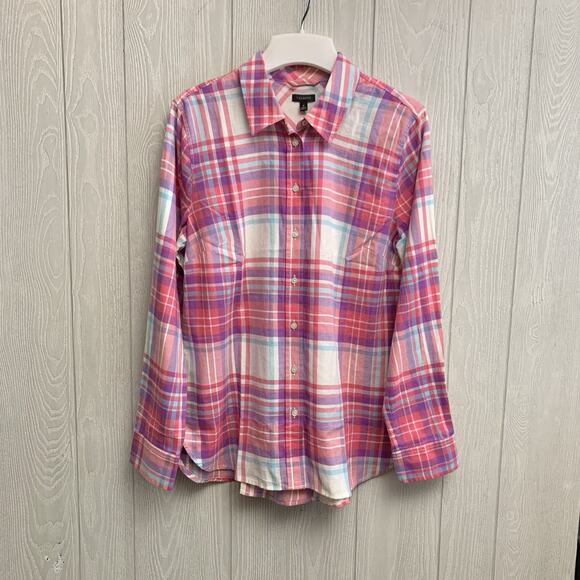 Talbots Modern Classic Pink Jingle Bell Plaid Flannel Button Top Medium NWT - Picture 3 of 6